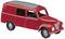 Voiture miniature rouge avec un toit gris et un gyrophare bleu sur le toit. Elle a quatre portes et représente un fourgon utilitaire classique.