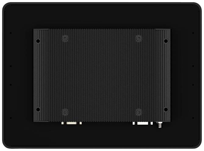 'Vue arrière d'un dispositif électronique noir rectangulaire avec des connexions et des ailettes de refroidissement monté sur une plaque.'