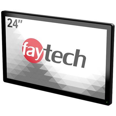 Un moniteur de 24 pouces de Faytech avec un arrière-plan géométrique blanc et gris.