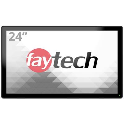 Un écran de 24 pouces portant le logo 'faytech', sur un fond géométrique.