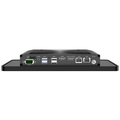 Un mini-PC noir vu de dos montre différents ports : HDMI, USB, Ethernet, audio et DisplayPort, adapté à des connexions polyvalentes.