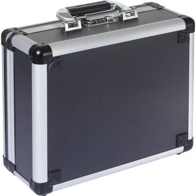 Une valise noire avec des bords et une poignée argentés, adaptée au transport sécurisé d'appareils sensibles ou de documents.