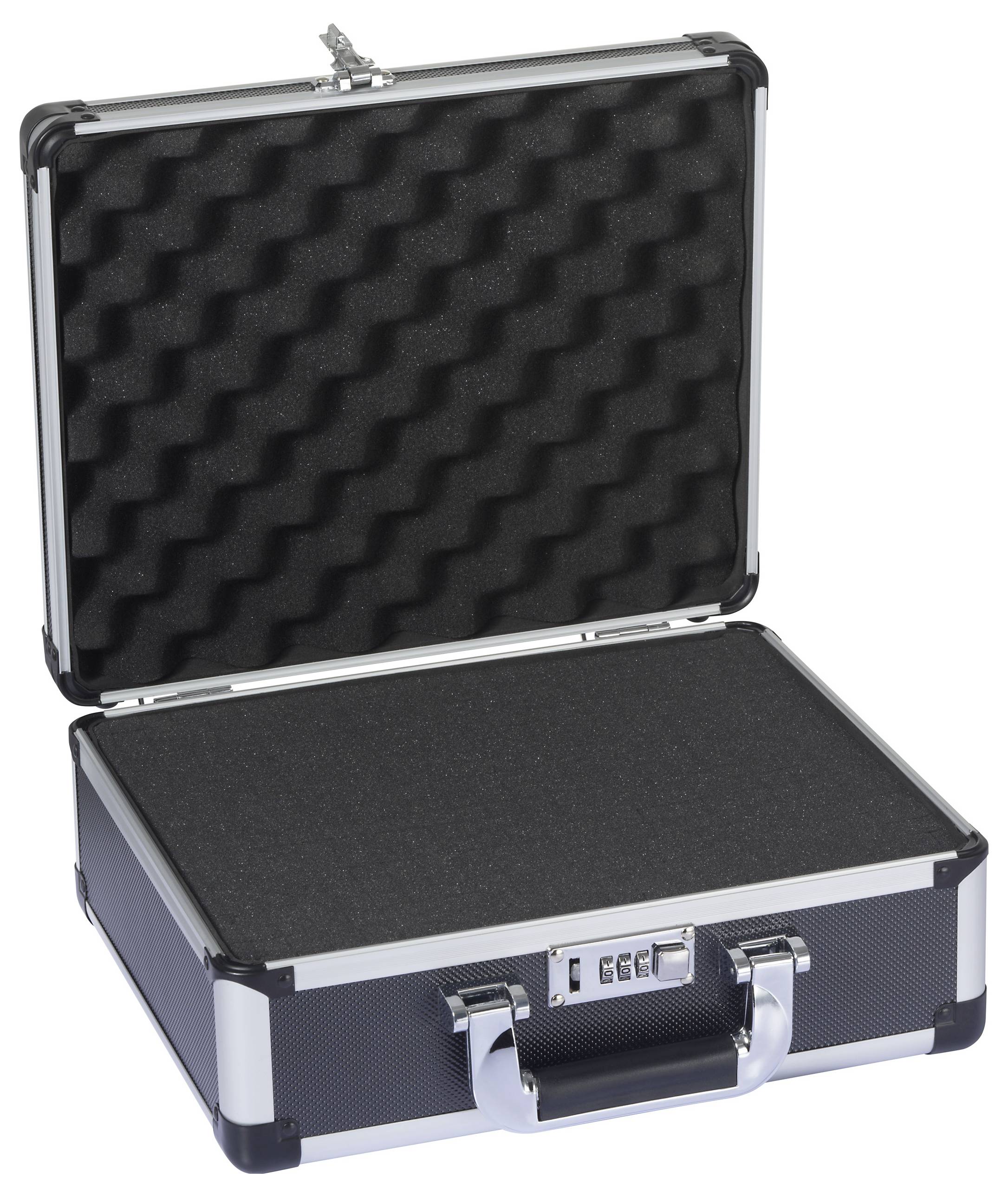 Un coffret de sécurité noir ouvert, avec une garniture en mousse dans le couvercle et un dispositif de verrouillage à combinaison à l'avant.