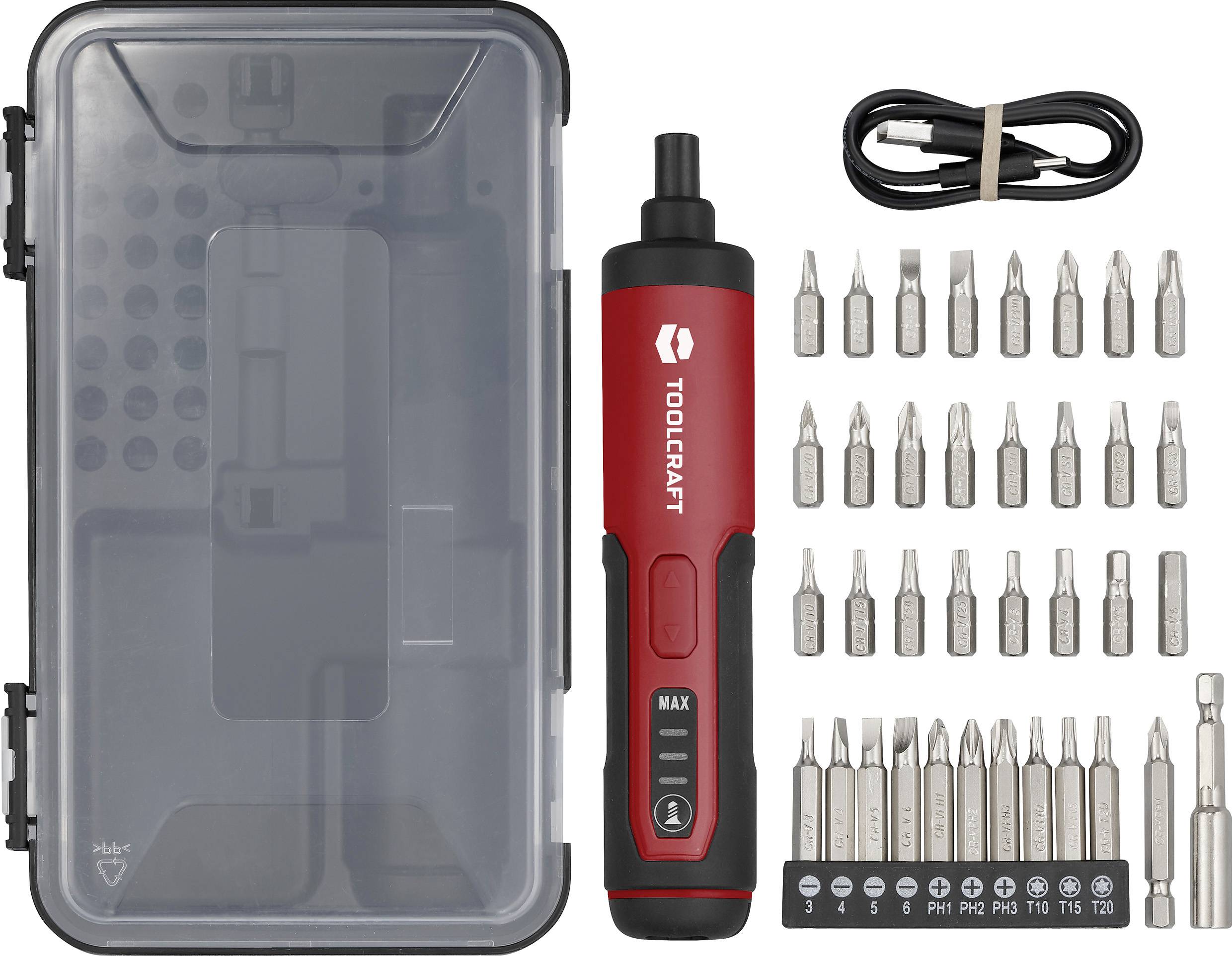 Ensemble de tournevis électrique avec poignée rouge, embouts d'accessoires et étui. Comprend un câble USB et différentes tailles de embouts pour diverses vis.