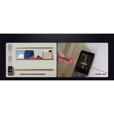 Sur le côté gauche, un télémètre laser est présenté pour la mesure continue des étagères. À droite : implantation de poteaux avec laser et affichage numérique.