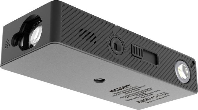 Télémètre laser portable en noir, avec touches et lentille. Compact, adapté aux mesures précises dans le secteur de la construction.