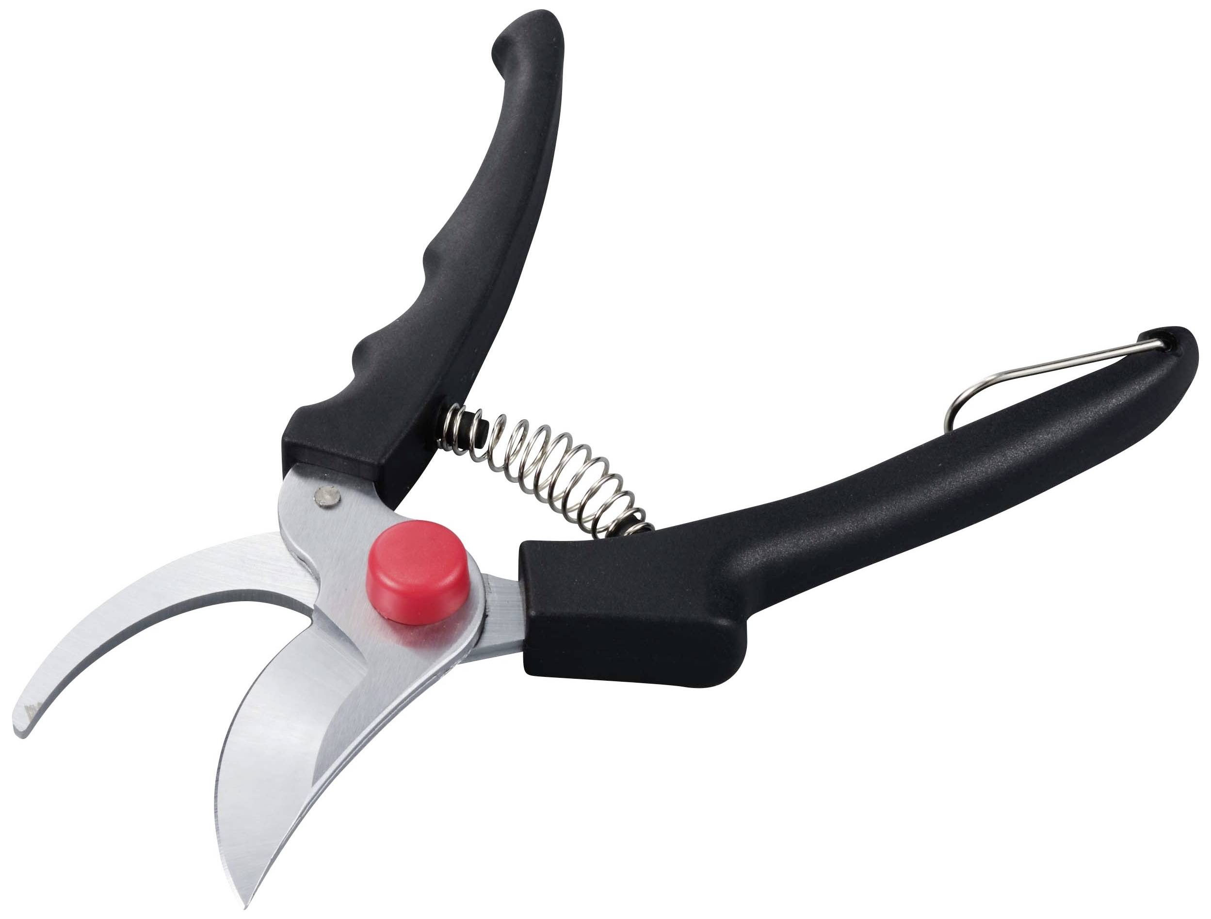 Un sécateur noir avec un verrou de sécurité rouge et des lames en argent, adapté pour la coupe de plantes.