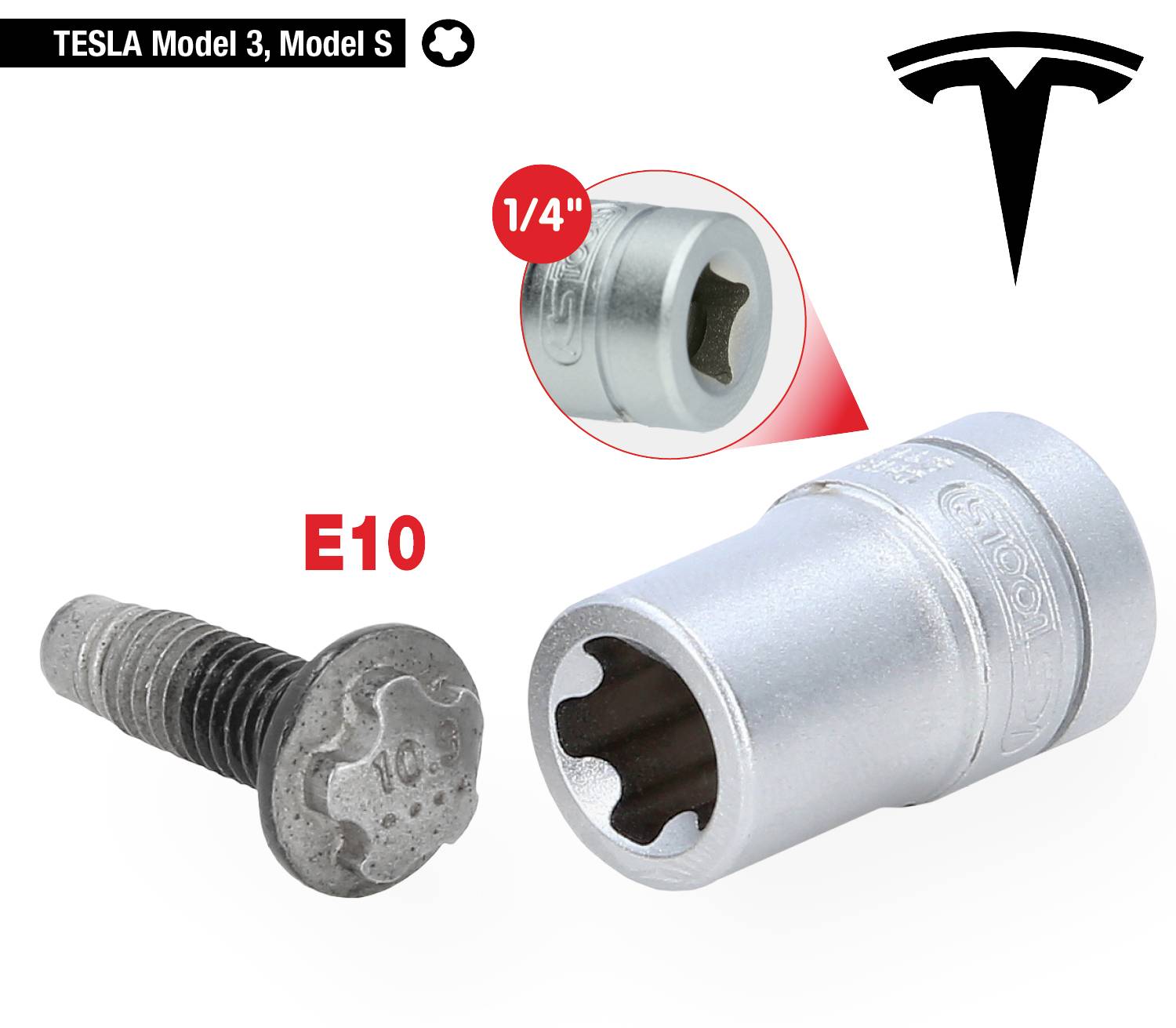 'Clé à douille E10 et vis, compatibles avec Tesla Model 3 et Model S.'
