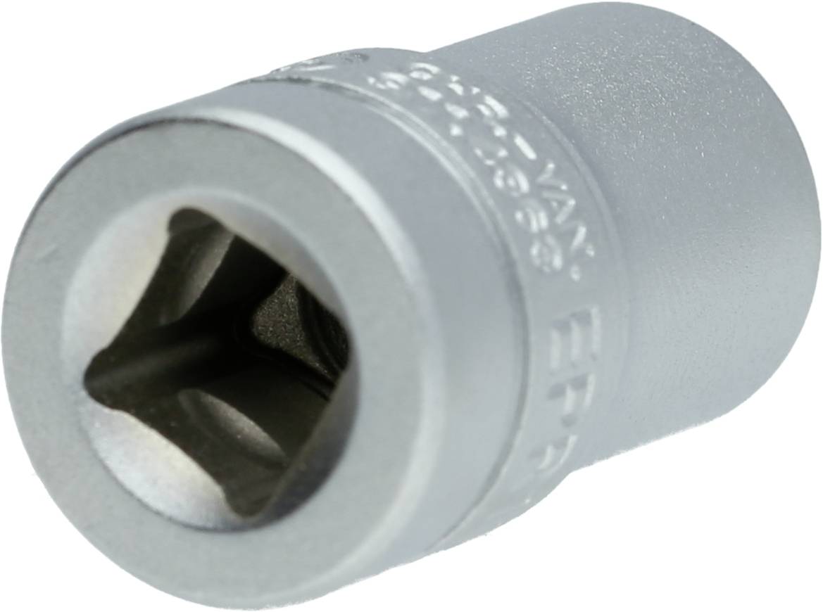 Adaptateur de clé à douille en métal avec ouverture carrée, adapté aux clés à cliquet, sur fond blanc.