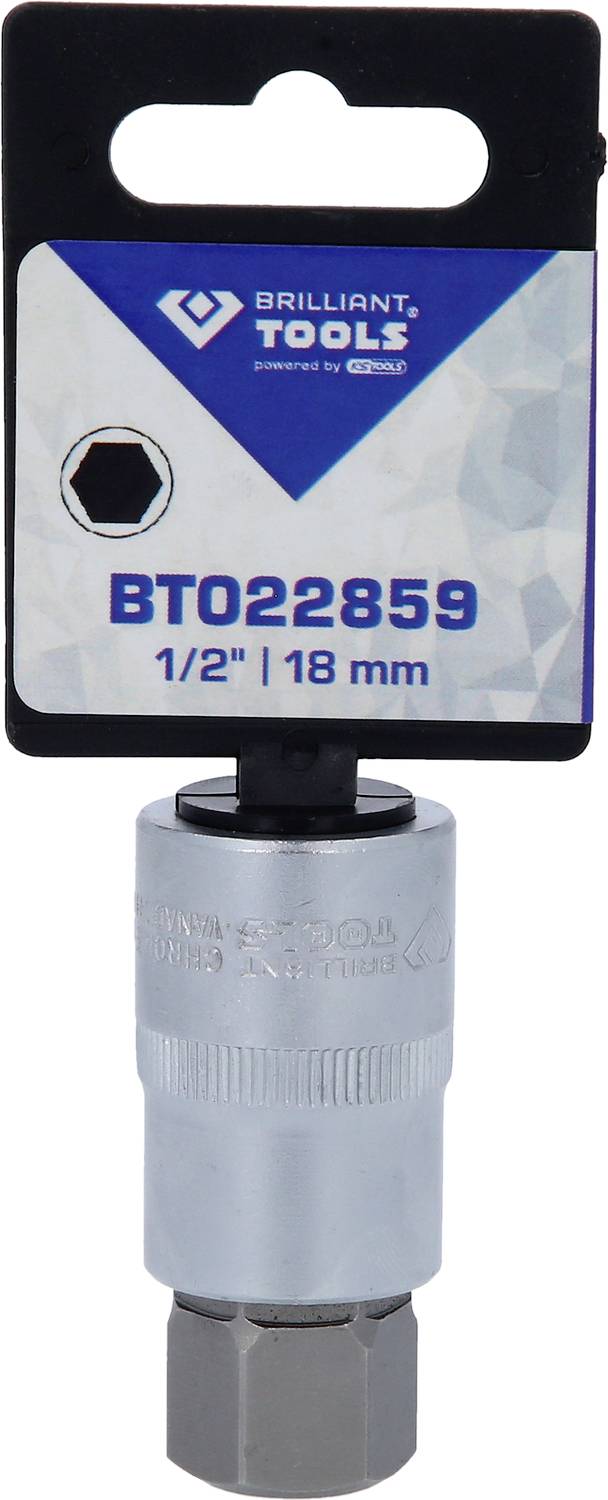 Adaptateur 'Brilliant Tools' avec référence BT022859, de 1/2" à six pans de 18 mm, couleur argent, en emballage.