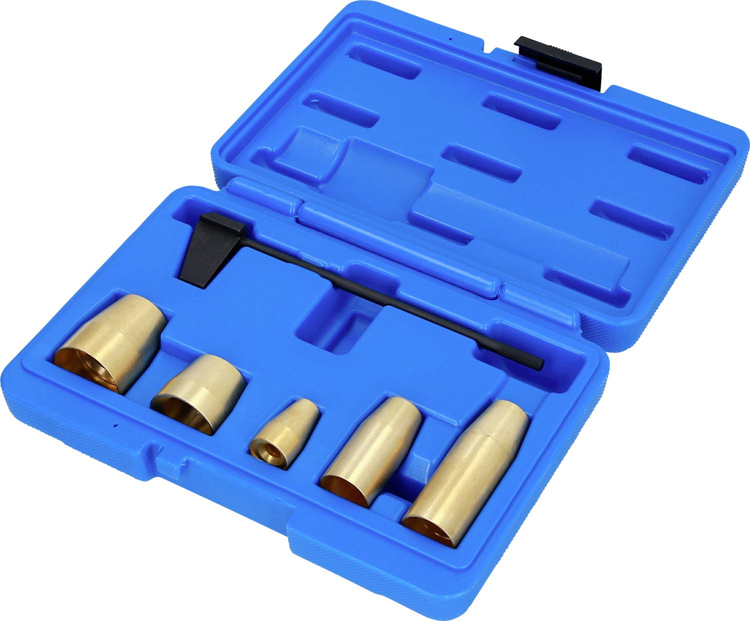 'Coffret à outils bleu contenant cinq pièces d'outils cylindriques dorées et un outil noir.'