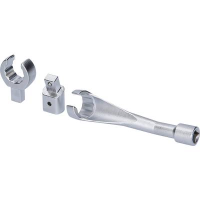 Trois embouts de clé à molette en argent, dont un embout de clé à fourche avec une longue poignée, sur un fond blanc.