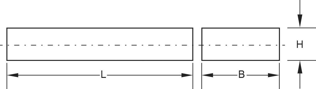 Dessin technique d'un pavé droit. La longueur (L), la largeur (B) et la hauteur (H) sont indiquées par des flèches. La coupe transversale est représentée en pointillés.