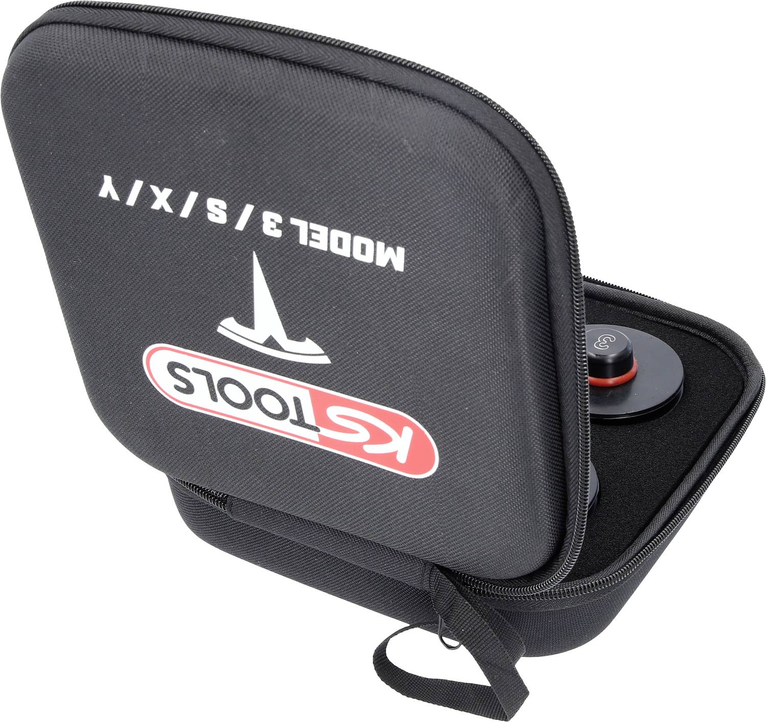 Étui noir avec logo 'KS Tools', ouvert, montrant une vue intérieure et une pièce d'outil circulaire. Désignation du modèle 'Model 3/S/X/Y' sur le couvercle.