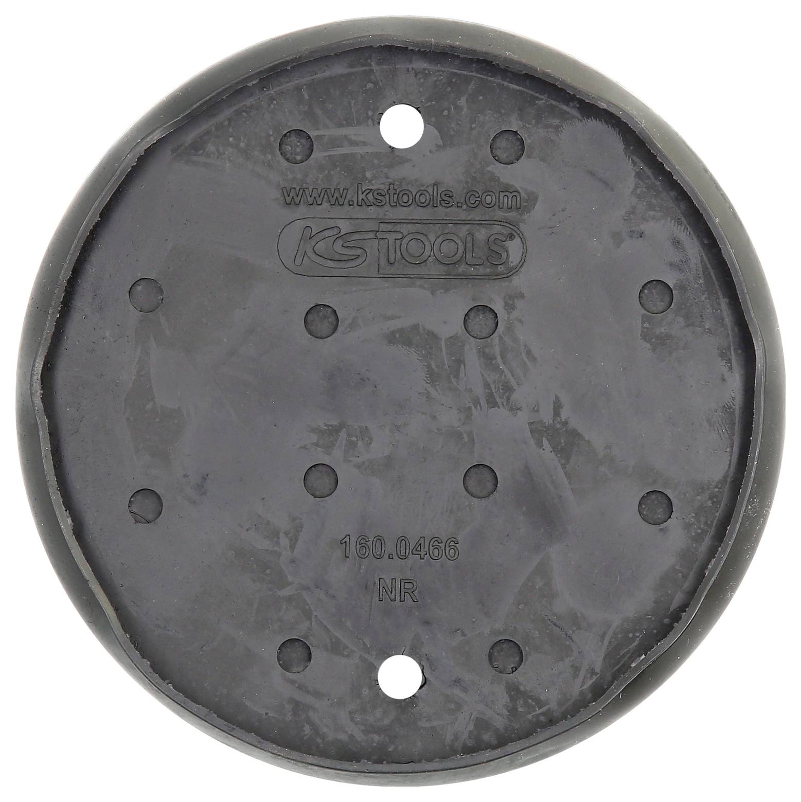 Couvercle noir rond portant l'inscription 'www.kstools.com' et 'KS TOOLS'. Dix trous symétriques sont répartis uniformément.