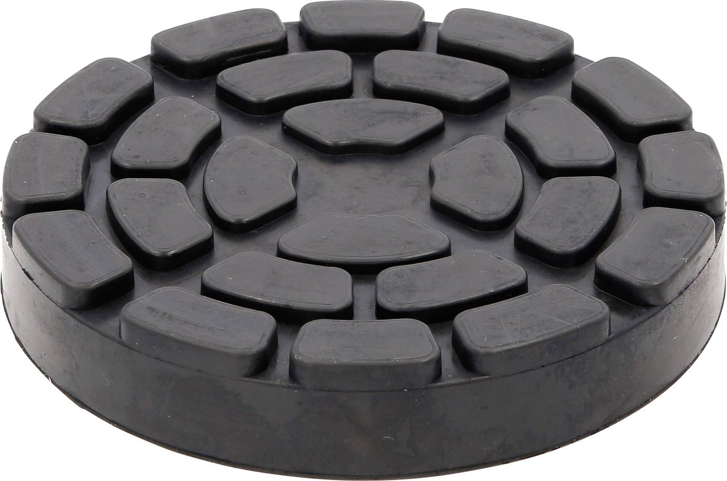Support en caoutchouc de forme circulaire avec plusieurs segments rectangulaires surélevés, conçu pour soutenir des ponts élévateurs.