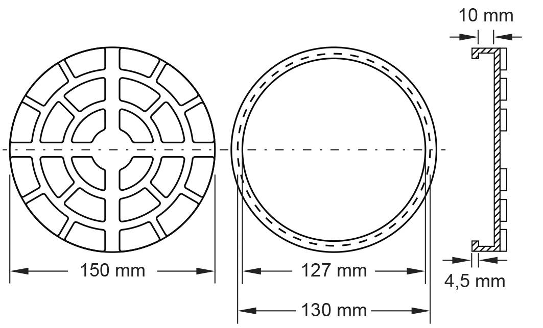 Dessin technique d'un couvercle de ventilation rond avec indications dimensionnelles : diamètre 150 mm, diamètre intérieur 127 mm, profondeur 10 mm.