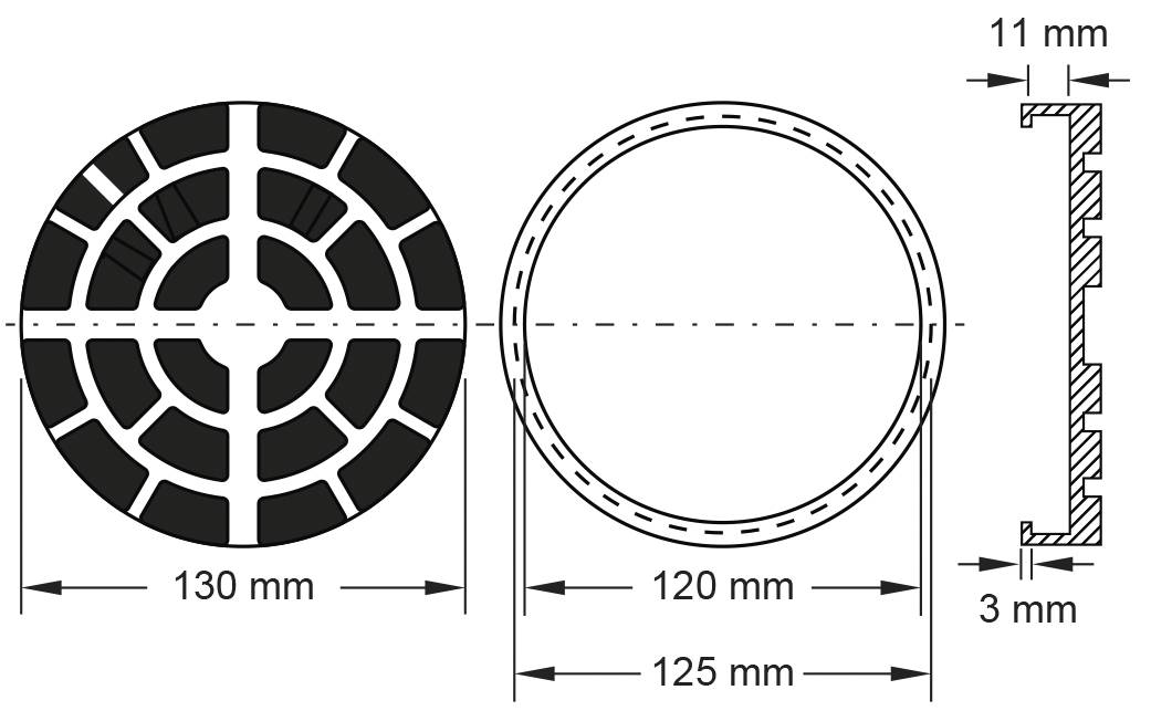 Dessin de construction d'un objet circulaire avec dimensions : diamètre 130 mm, diamètre intérieur 120 mm, profondeur 11 mm, bordure 3 mm.