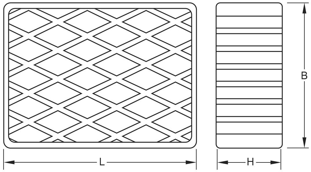 Dessin d'une grille rectangulaire avec un motif en losange. Dimensions représentées par des flèches : Longueur (L), Hauteur (H) et Largeur (B).