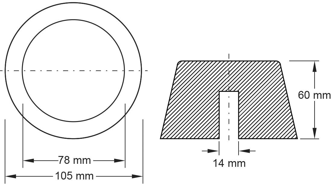 Dessin technique d'un joint d'étanchéité circulaire : vue de dessus et en coupe, diamètre 105 mm, ouverture 78 mm, hauteur 60 mm.