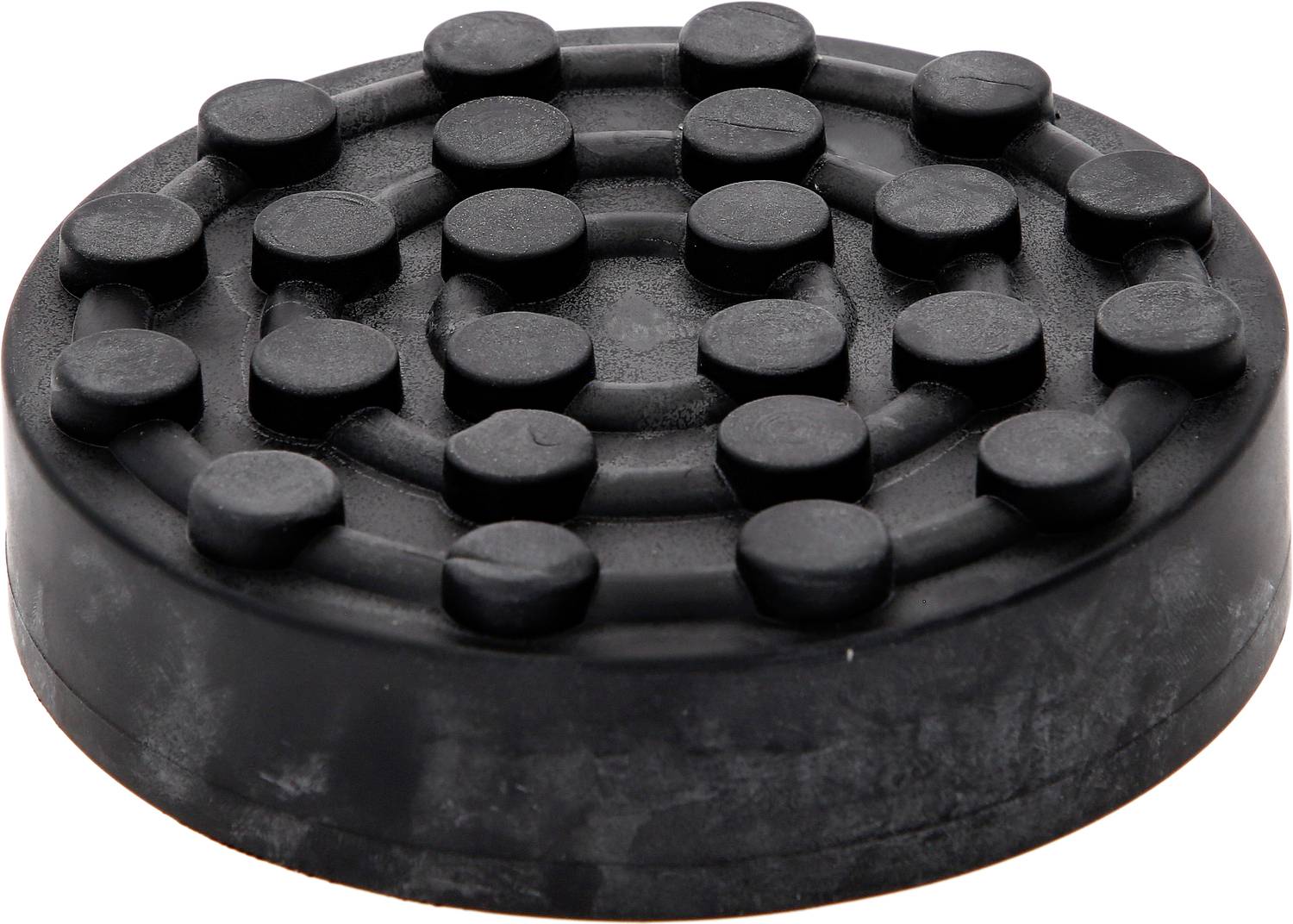Tampon en caoutchouc noir et rond, avec plusieurs anneaux concentriques de petites protubérances, généralement utilisé pour amortir les vibrations.
