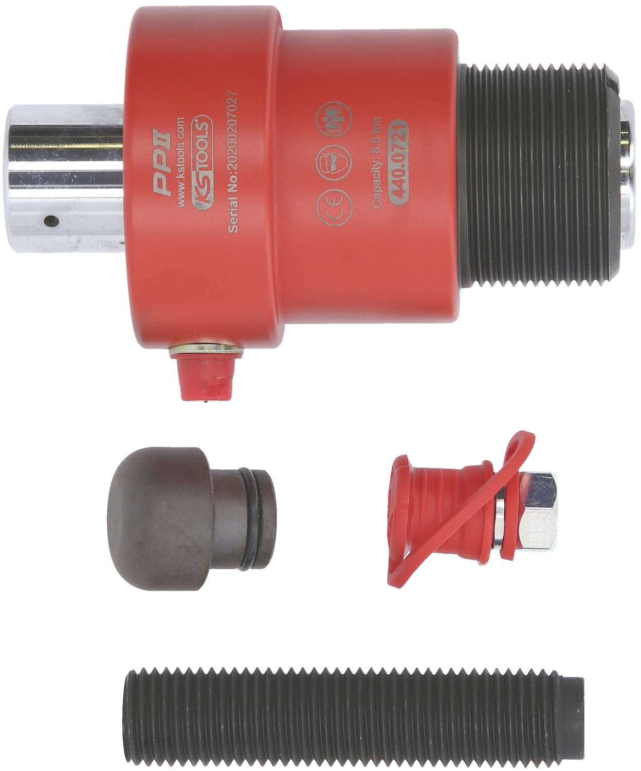 Un ensemble d'outils rouge composé de plusieurs pièces, comprenant un cylindre principal avec inscription, un capuchon supplémentaire, une vis et un bras de rallonge. Adapté pour des applications mécaniques.