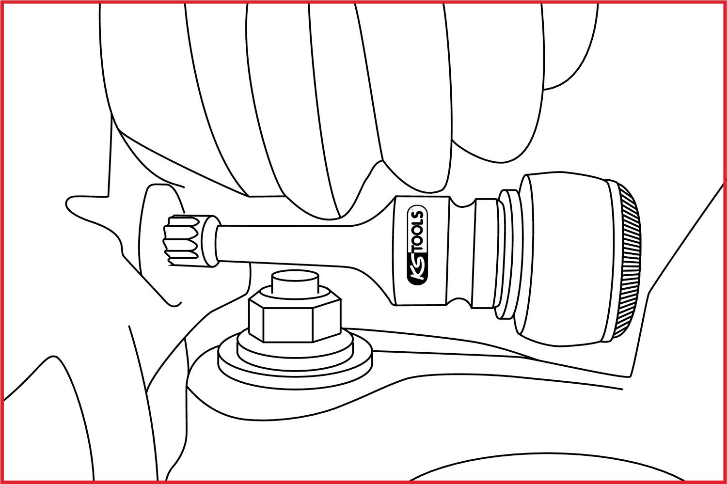 Une main tient une clé à molette KS Tools, fixée sur un écrou d'une pièce mécanique.