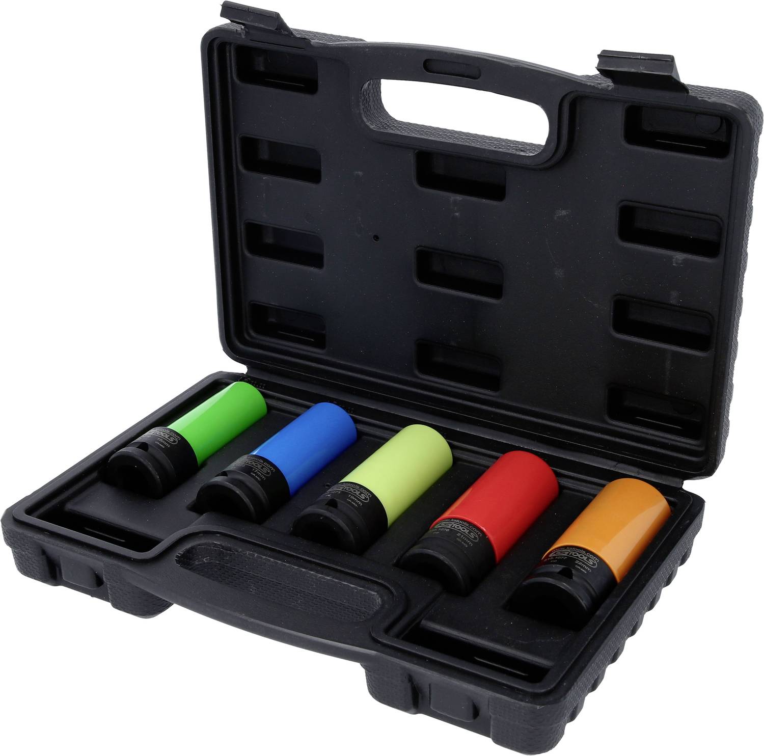 Une valise noire avec le couvercle ouvert contient cinq embouts de clés à différentes couleurs : vert, bleu, jaune, rouge et orange.