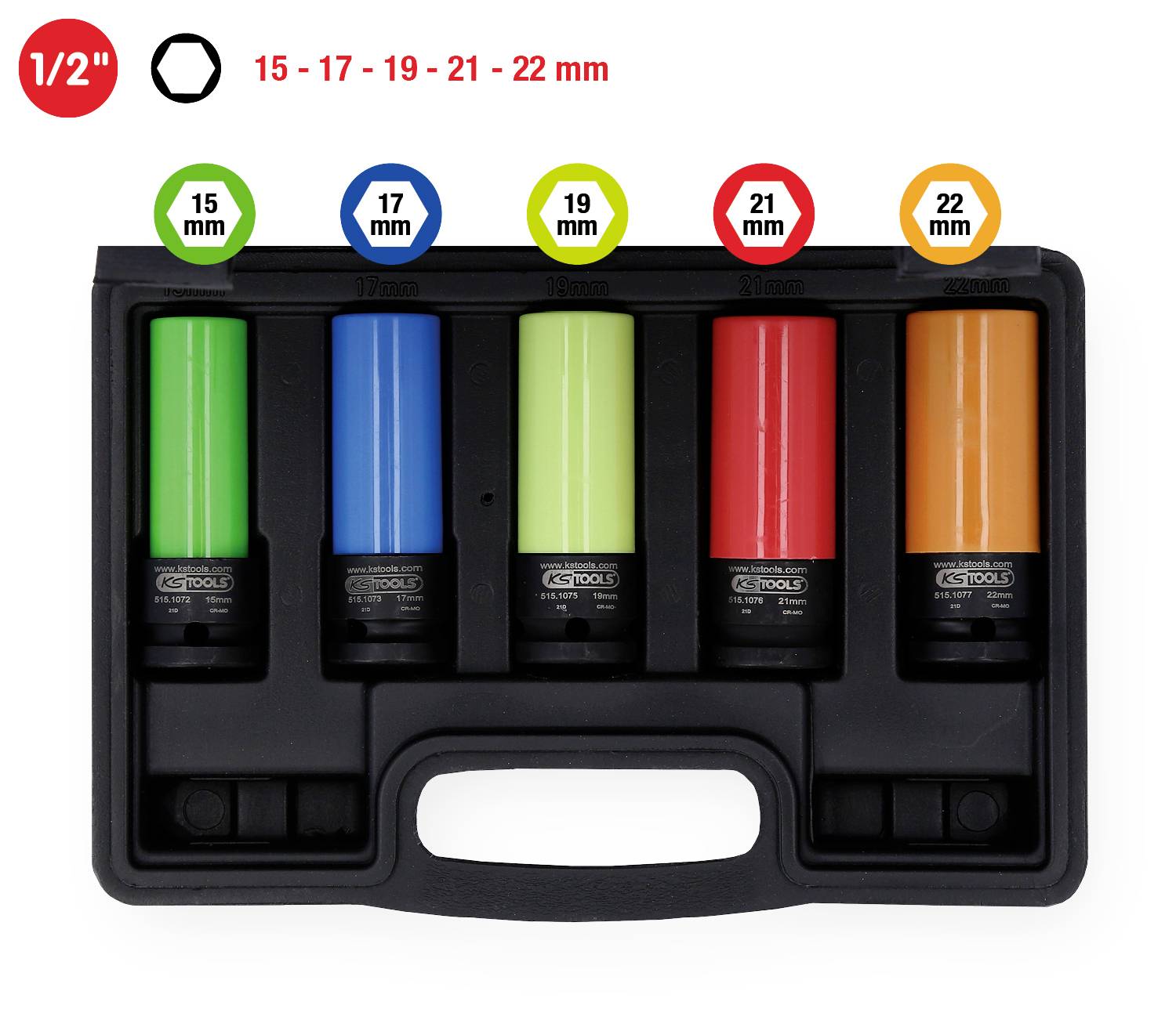 Boîte à outils comprenant cinq écrous codés par couleur de 15 à 22 mm, alignés dans un support noir avec poignée.