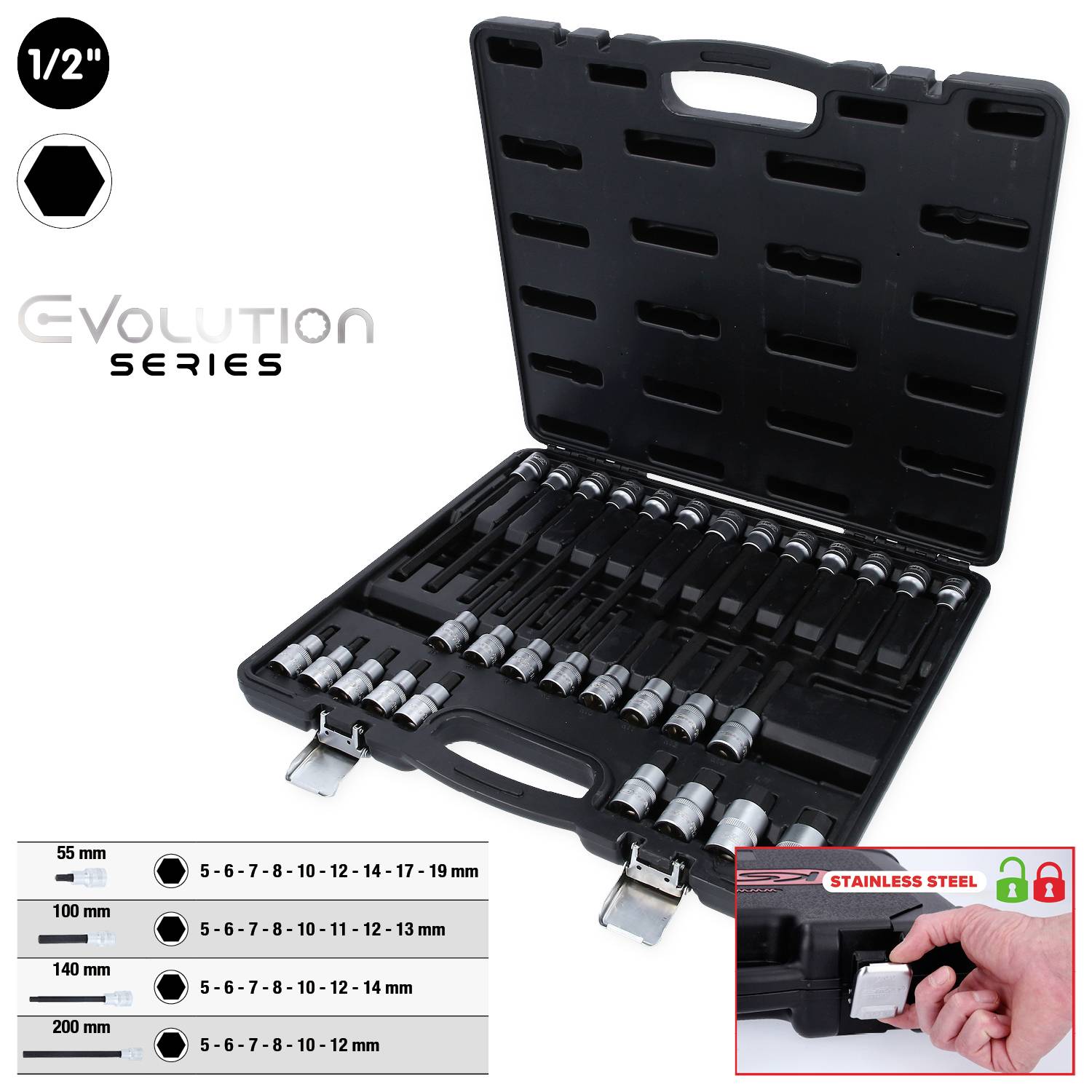 Un ensemble de clés à douille dans un coffret noir ouvert. Liste des tailles incluses de 5 à 19 mm. Texte 'Evolution Series', 'Acier Inoxydable'.