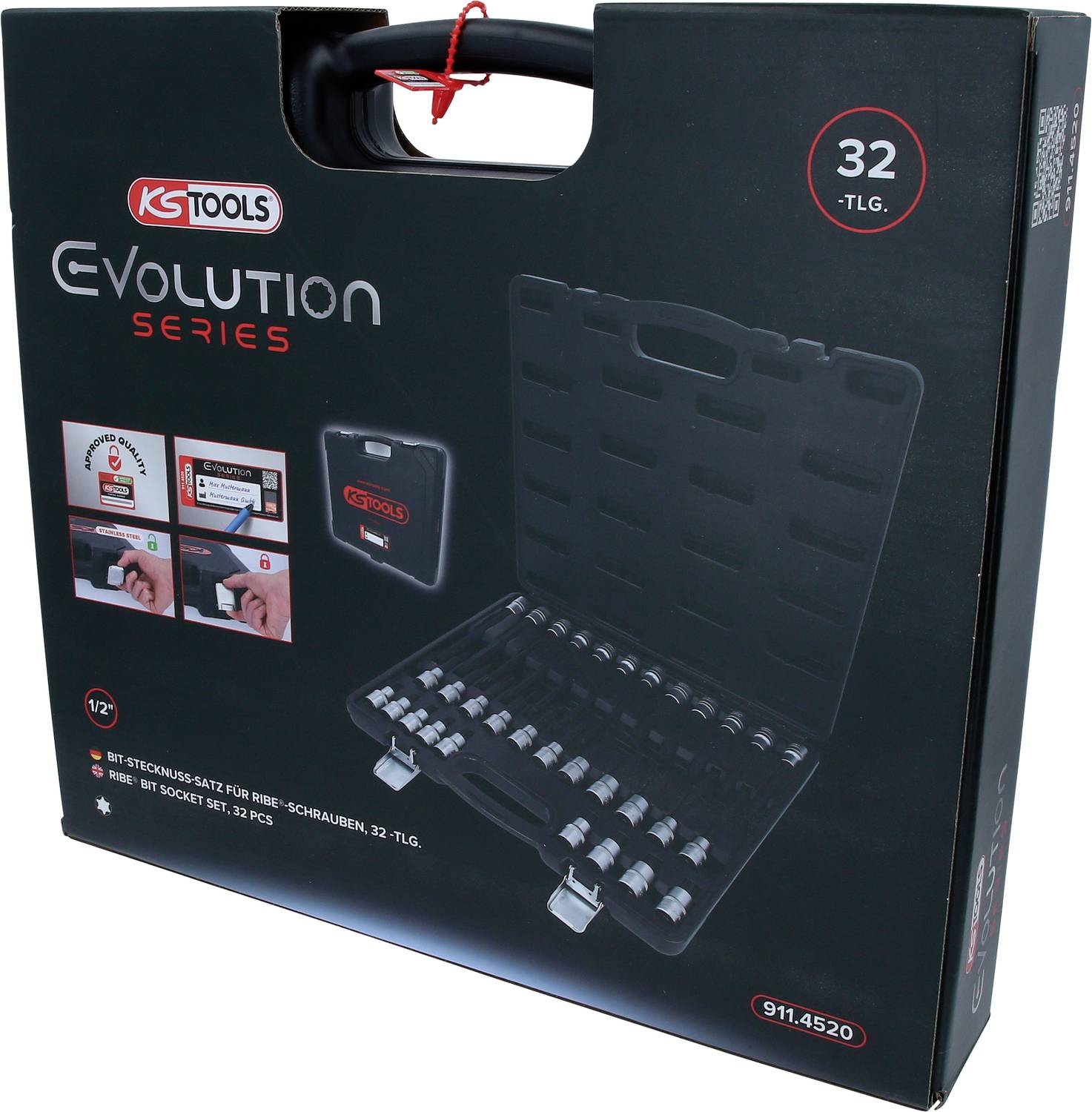 Une valise noire de la marque 'KS Tools', collection 'Évolution Series', comprenant 32 pièces. L'emballage présente un ensemble de clés à douille.