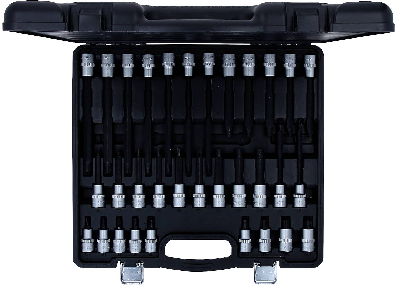 Coffret à outils ouvert avec différents embouts et rallonges, rangés méthodiquement dans des compartiments. Idéal pour les travaux de réparation.