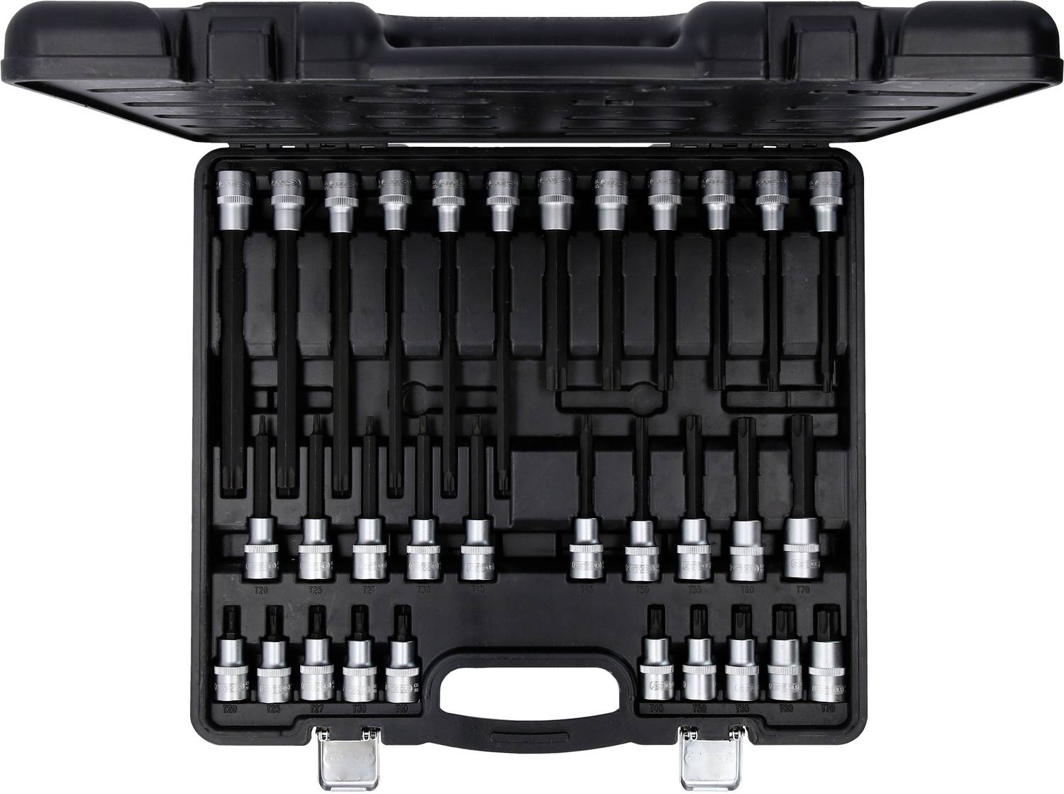 Une boîte à outils ouverte contenant plusieurs clés à cliquet de différentes tailles, soigneusement rangées en rangées.