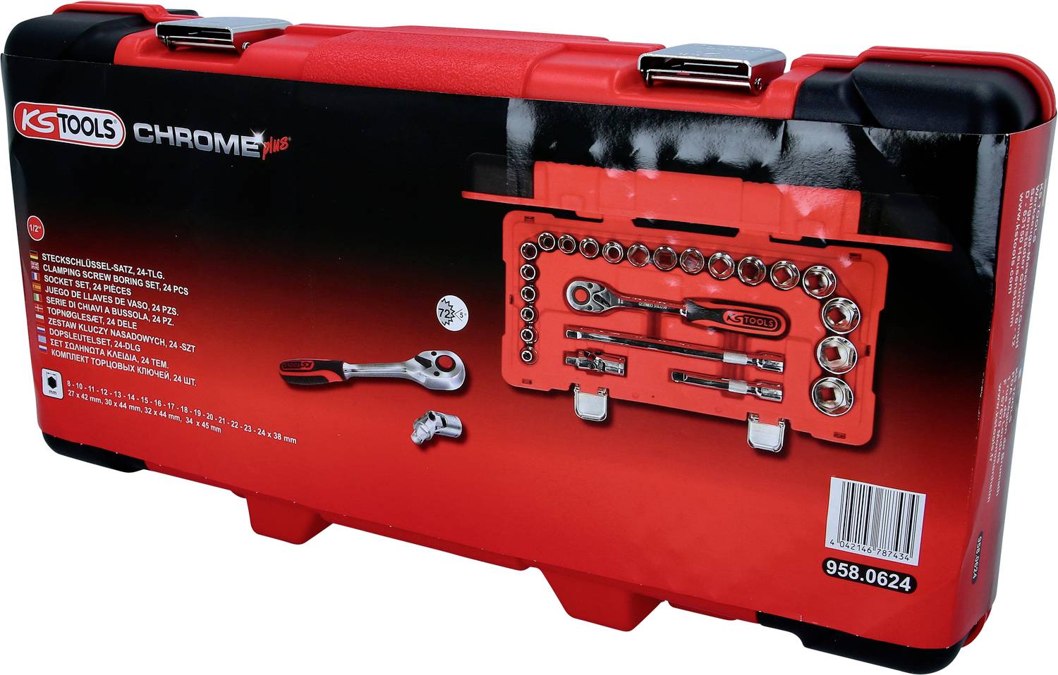 Coffret à outils rouge avec le logo 'KS TOOLS'. Contient différentes clés à douille et une clé à cliquet, présentées sur l'affiche du couvercle du coffret.