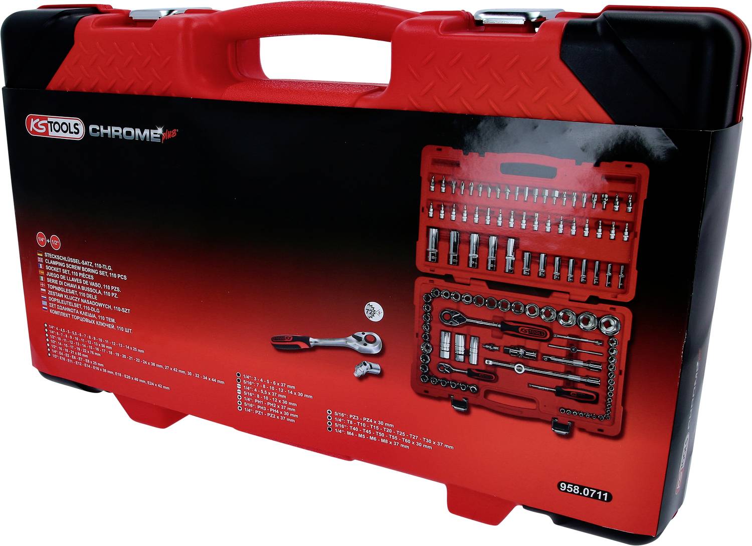 Une valise à outils noire avec une poignée rouge et des coins rouges, montrant à l'intérieur un jeu de clés à cliquet, des rallonges et des accessoires.