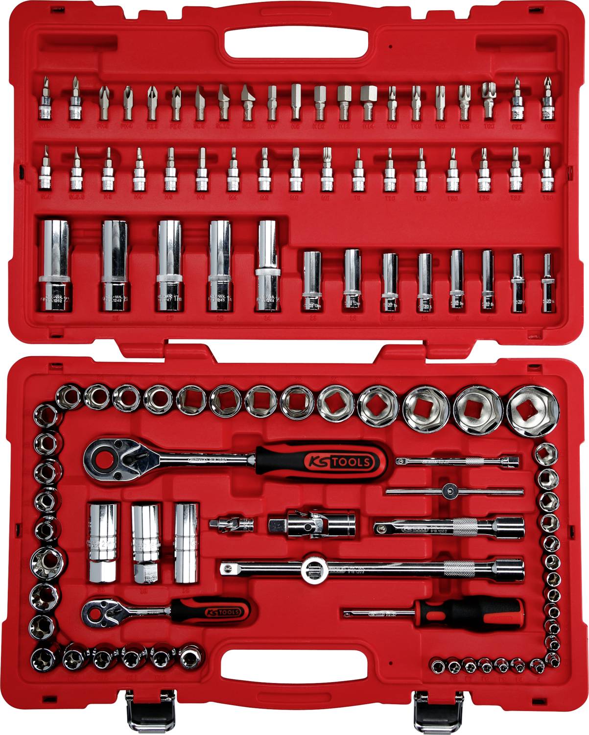 Une mallette à outils contenant un jeu de clés à douille, de clés à cliquet et d'embouts de différentes tailles, soigneusement organisés dans un coffret rouge.