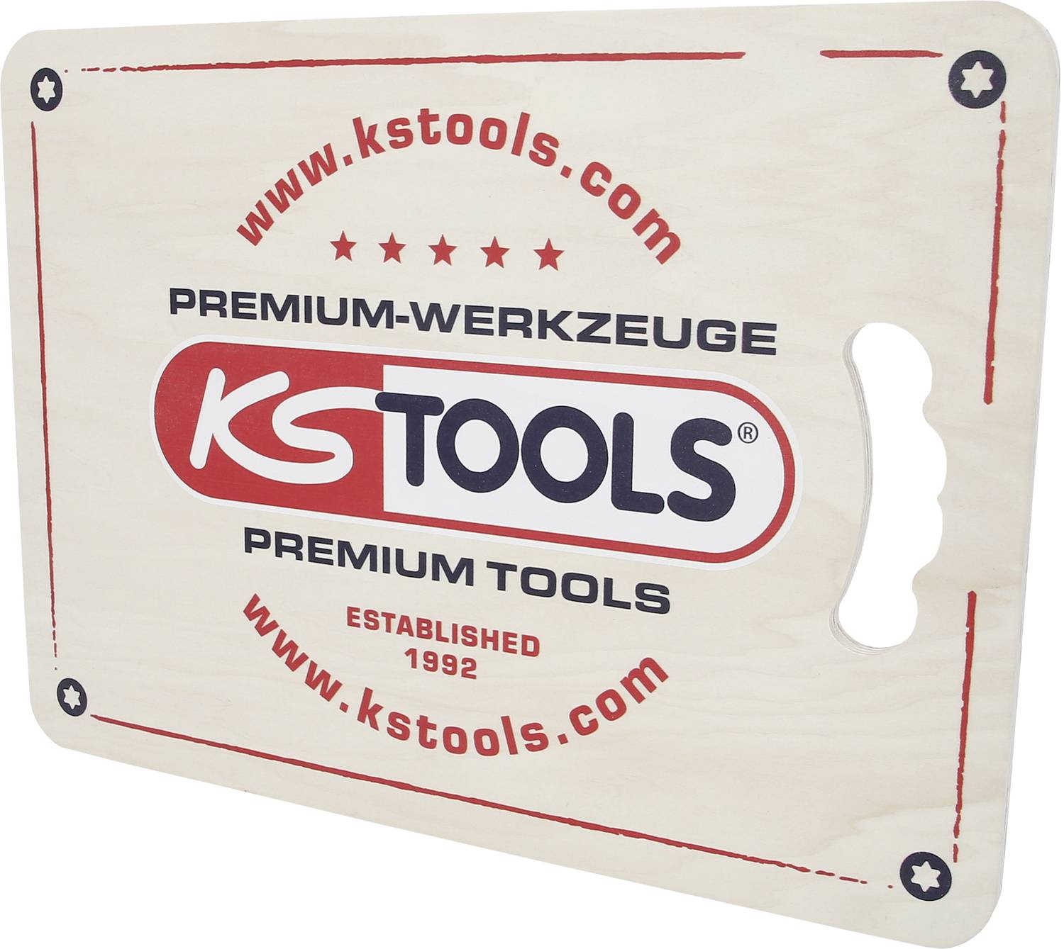 Planche à découper avec le logo et le site web de KS Tools, 'Outils Premium'.