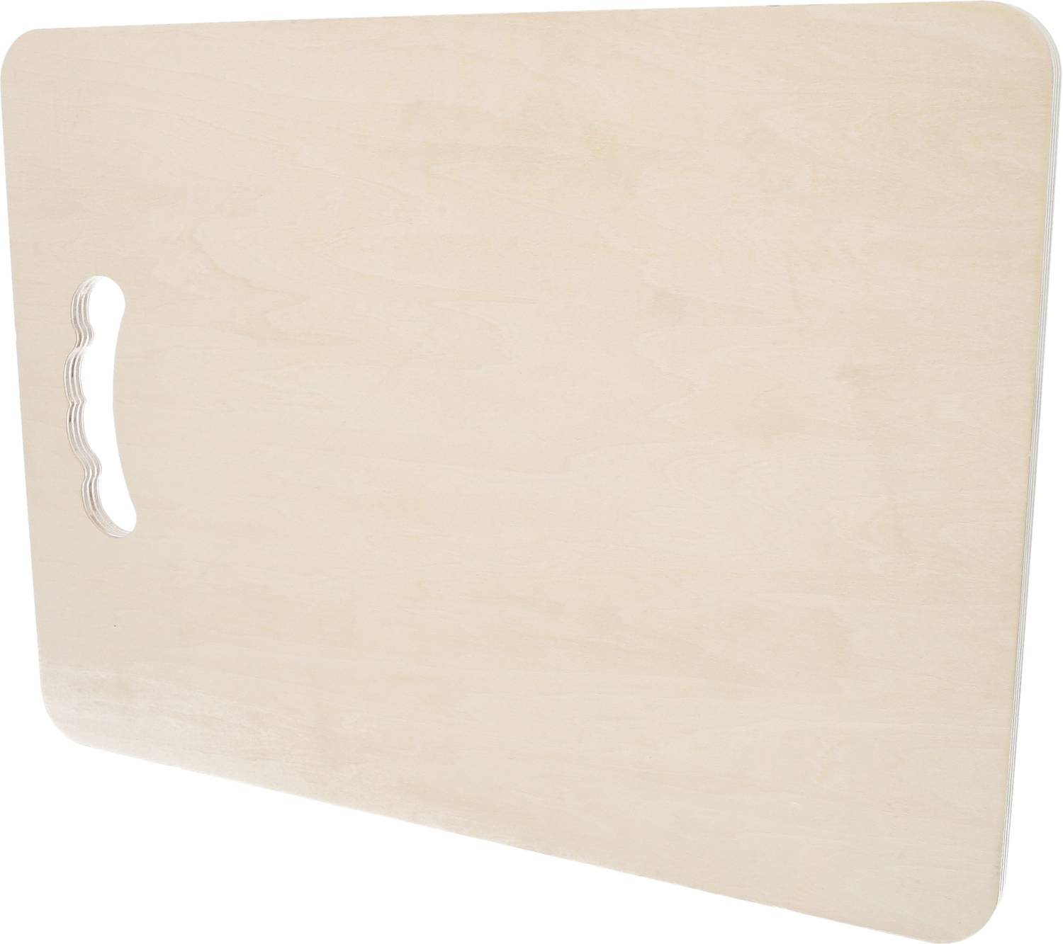 Une planche à découper rectangulaire en bois clair avec un trou de préhension sur le côté gauche.