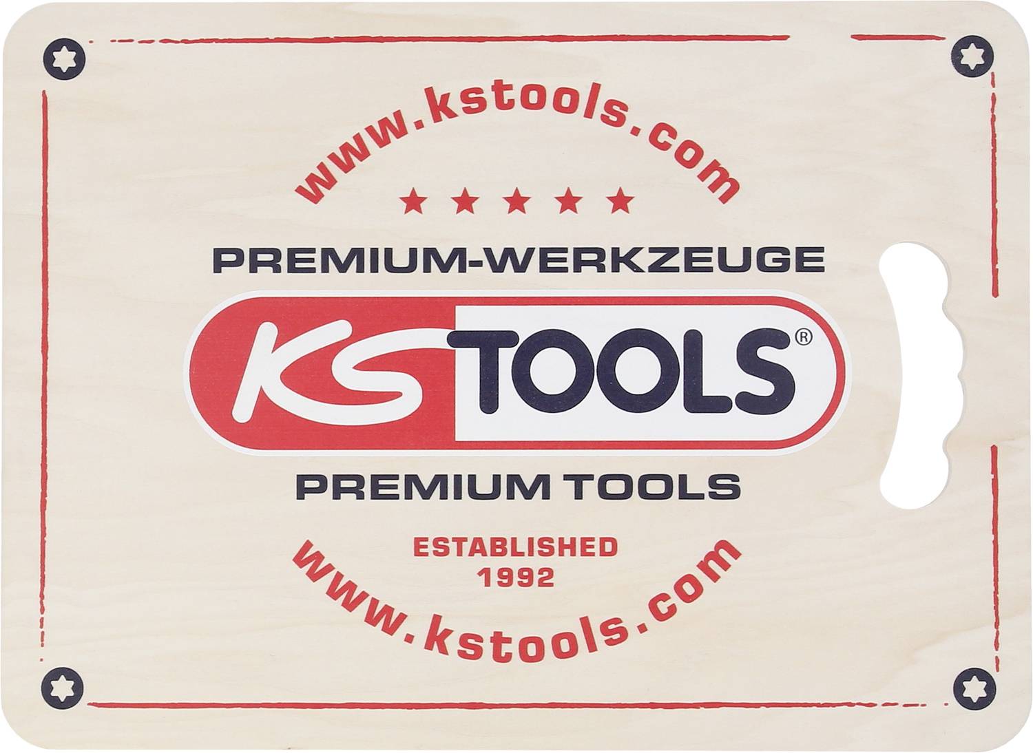 Planche à découper avec logo 'KS Tools'. Inscription : 'Outils Premium', 'Fondé en 1992', adresse web. Aspect bois avec poignée.