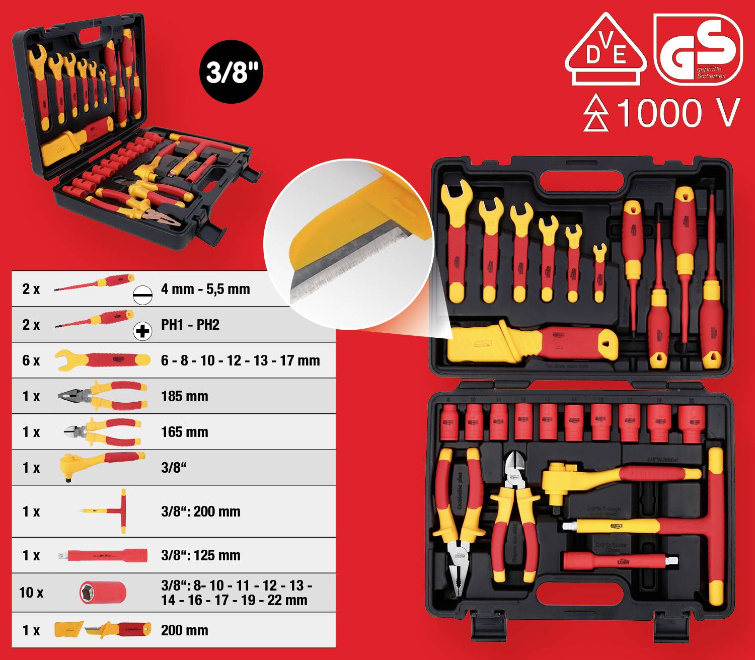 Valise ouverte contenant divers outils isolés, dont tournevis, pinces et clés à fourche, adaptés pour 1000 V.