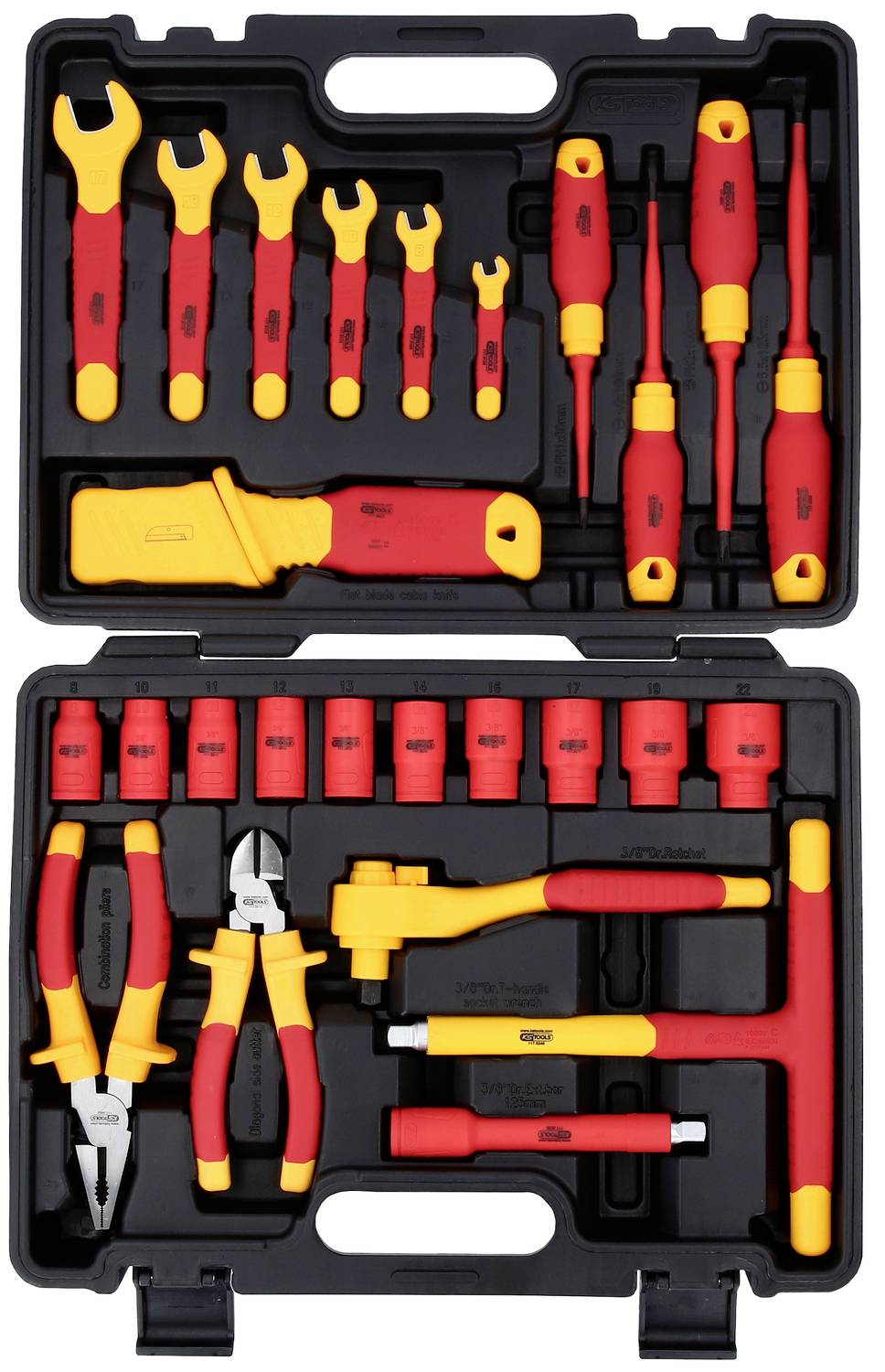 Un ensemble d'outils isolés dans une valise, adapté aux travaux sur les installations électriques. Comprend des tournevis, des pinces et des clés à douille.