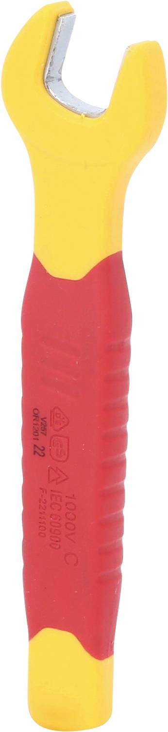 Clé à molette jaune et rouge, isolée pour travaux électriques, poignée ergonomique, pince profilée pour une prise en main confortable.
