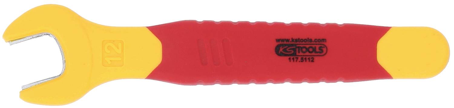 Une clé à fourche jaune et rouge, isolée, portant le numéro '12' et l'inscription 'KS Tools' sur la poignée.