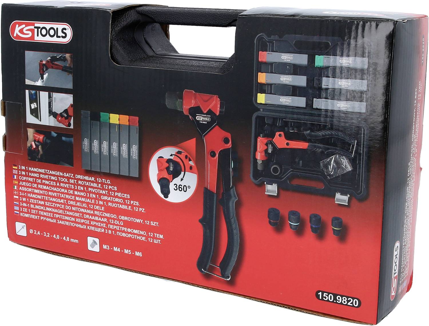 Coffret de pince à rivets à main de KS Tools comprenant une pince à riveter, différentes tailles de buses de rivetage et des bandes de couleur pour le marquage.