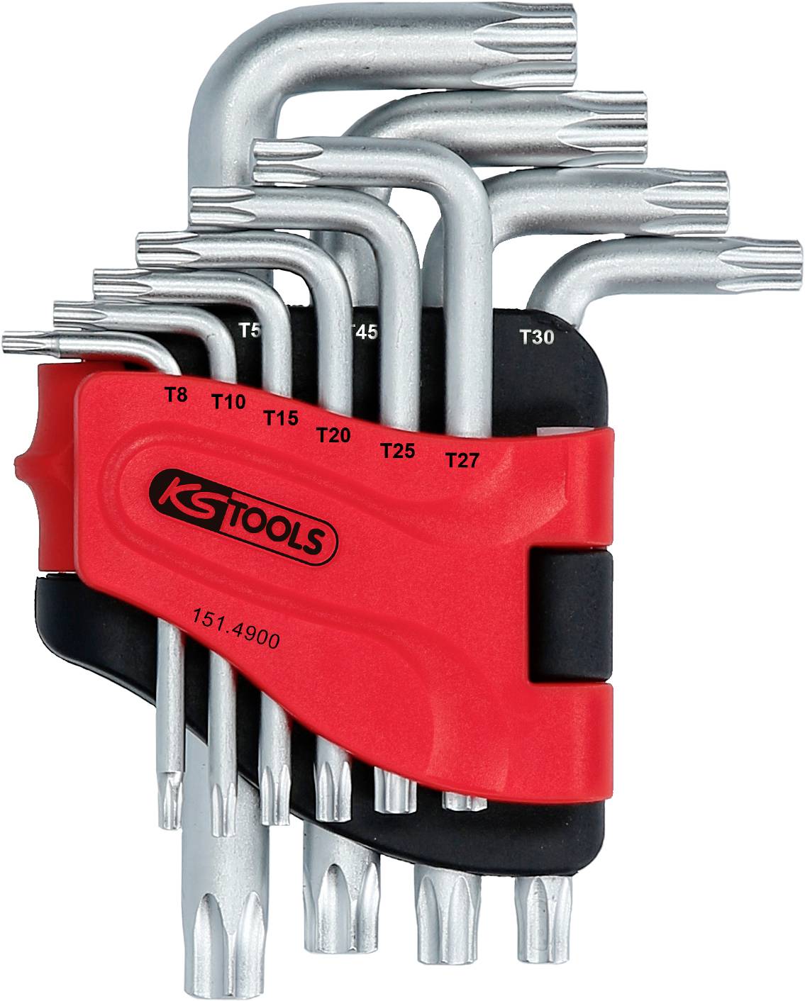 L'image montre un ensemble comprenant neuf clés Torx de différentes tailles, rangées dans un support rouge de la marque KS Tools.
