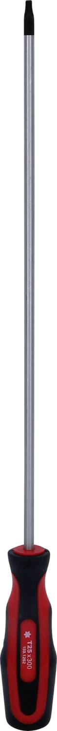 Un tournevis long avec une poignée rouge ergonomique et un embout noir.
