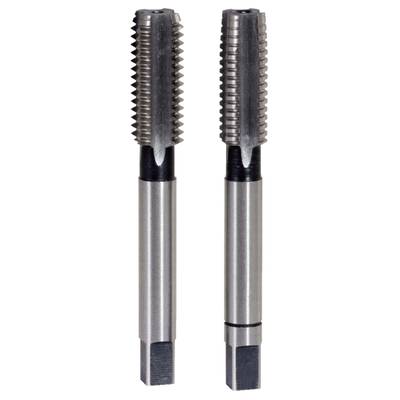 Deux tarauds en argent, placés côte à côte, montrent leurs têtes cannelées et leurs tiges lisses, représentant des outils d'usinage du métal.