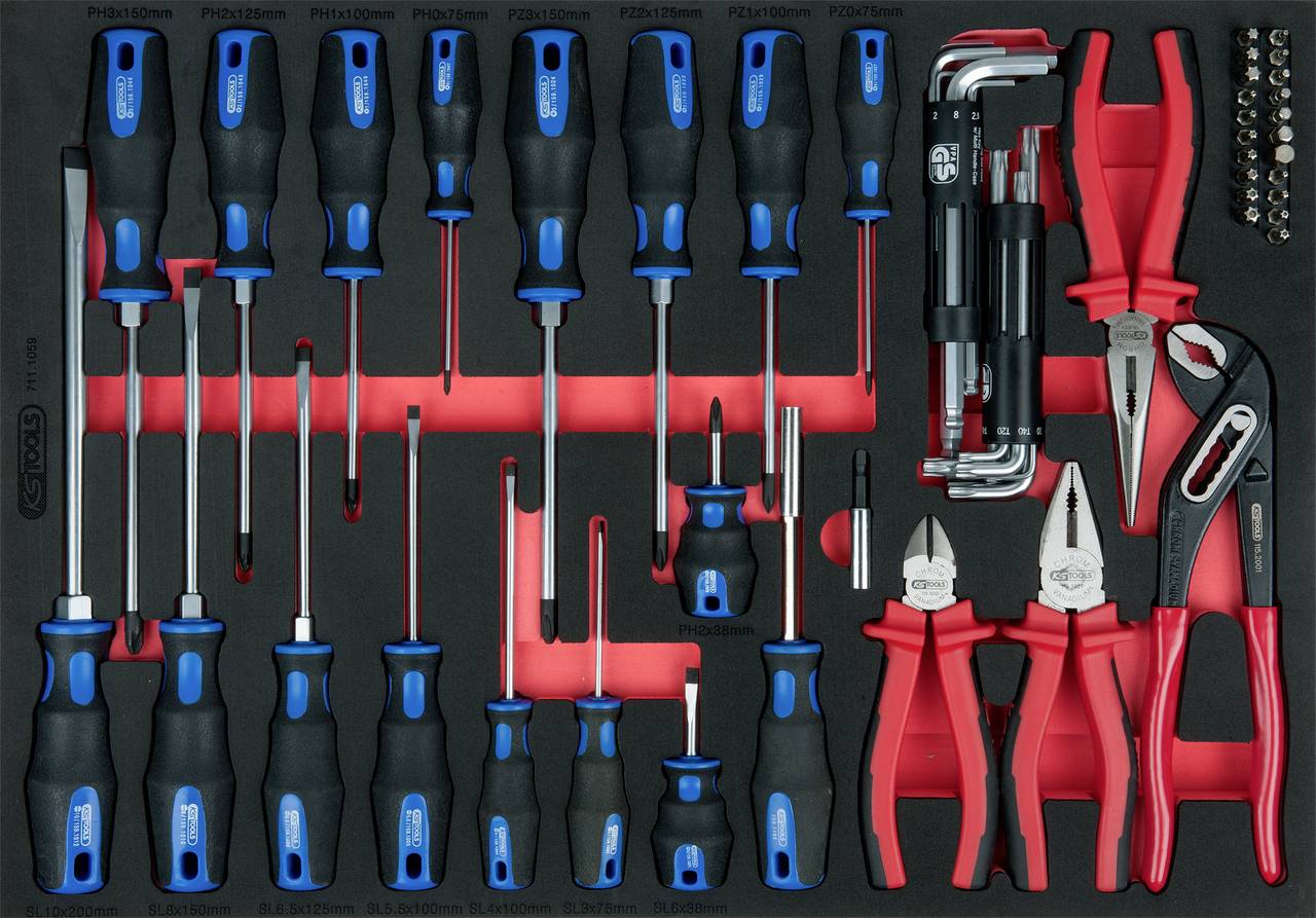 Ensemble d'outils manuels dans une disposition ordonnée, comprenant des tournevis, des pinces et des clés Allen, sur fond noir.
