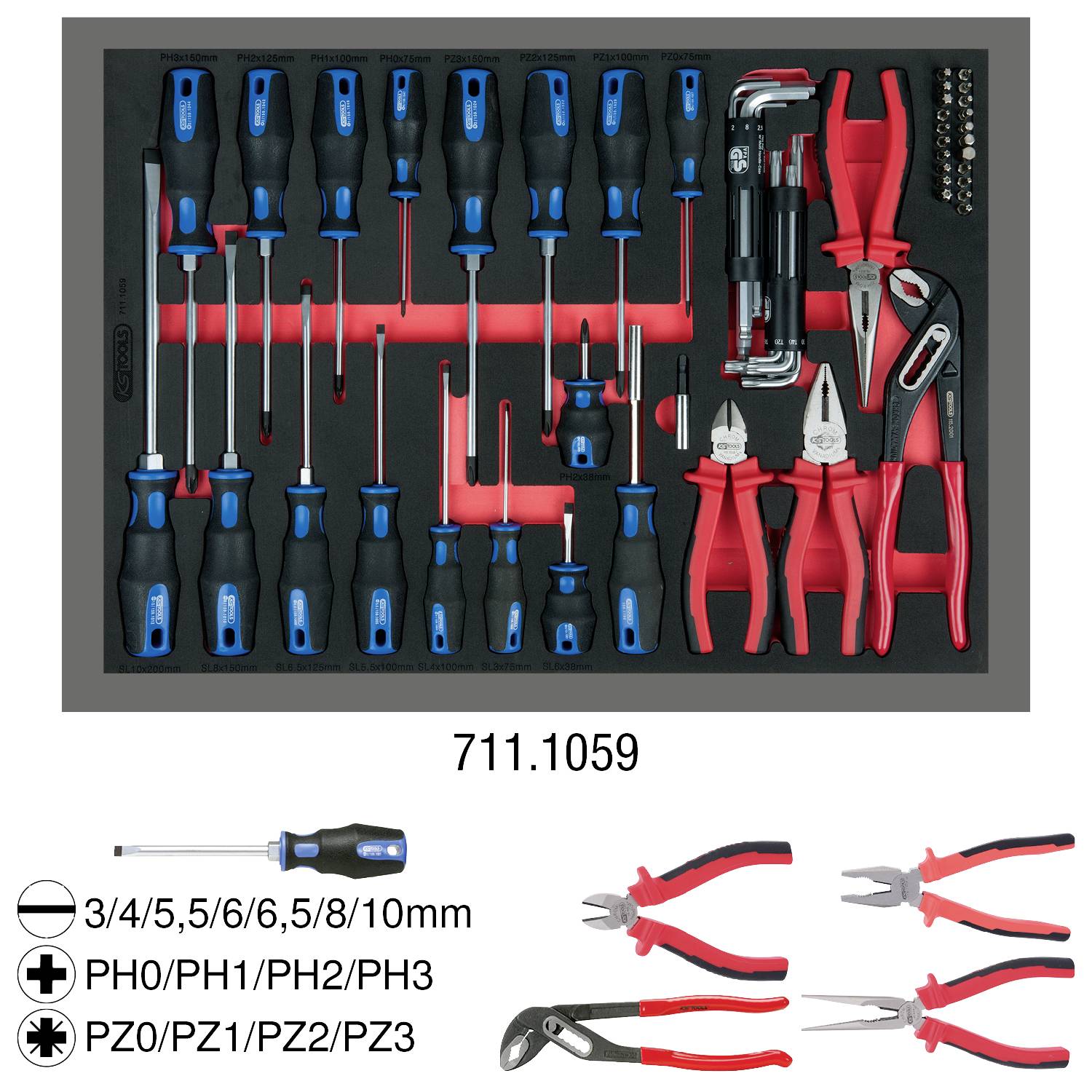 Ensemble d'outils comprenant des tournevis, des pinces et des embouts. Tailles de tournevis : 3-10 mm, PH0-3, PZ0-3. Pinces pour couper et saisir.