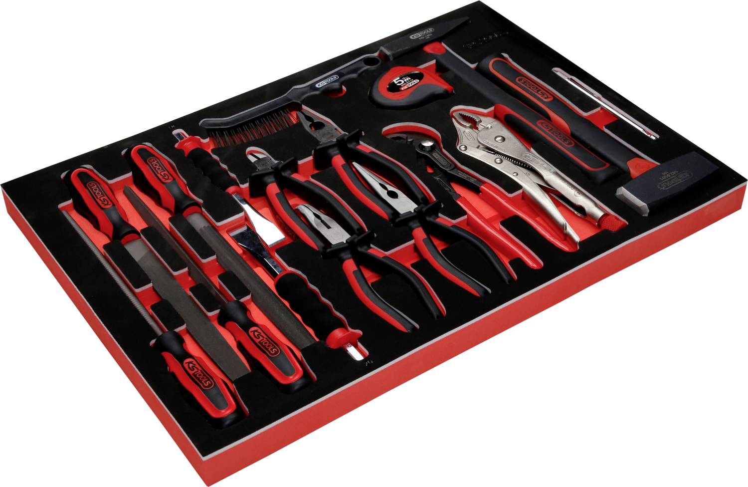 'Ensemble précis d'outils manuels à poignées rouges, comprenant des tournevis, des pinces et des couteaux, organisé dans un support en mousse.'